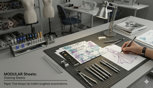 MODULER. drawing sheets on artist workstation with fashion sketching tools and fine liners