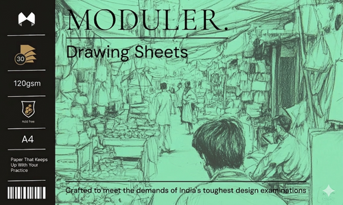 Promotional image for 'Moduler Drawing Sheets' with a market scene illustration.