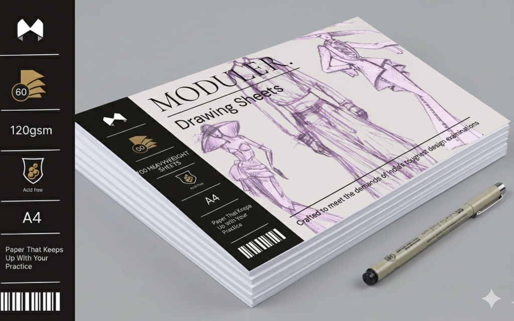 A stack of MODULER. Drawing Sheets 120 GSM A4 Acid Free — Fashion Series for NIFT NID UCEED Design Entrance Preparation